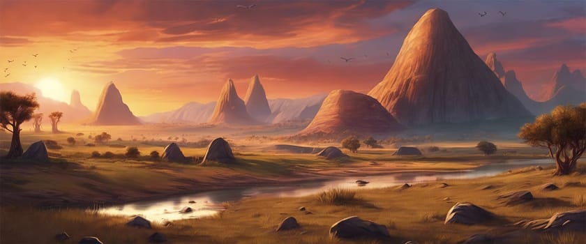 Beautiful prehistoric landscape at dinosaur ere at sunset - Generative ai