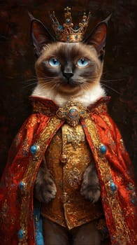 A regal Siamese cat dressed royal outfit, exuding charm and elegance. cat wears crown and richly adorned cape, showcasing its playful personality