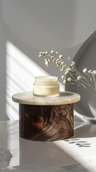 Cosmetic cream in a glass jar. Skin care concept. Background for beauty products