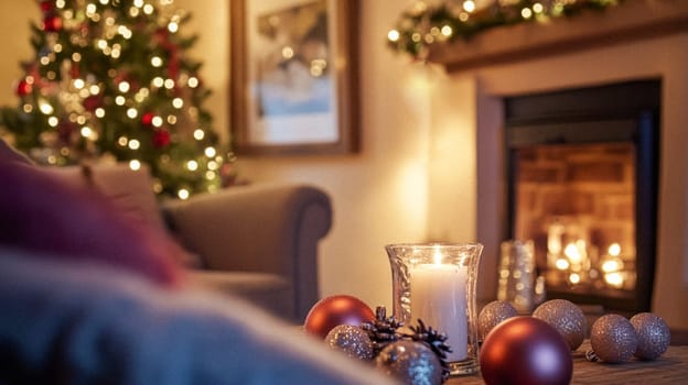 Christmas, holiday decor and country cottage style, cosy atmosphere, decorated Christmas tree in the English countryside house living room with fireplace, interior decoration idea