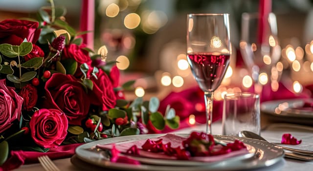 Festive table setting with candles and arrangement of beautiful red flowers. Holiday concept. High quality photo