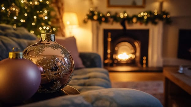 Christmas, holiday decor and country cottage style, cosy atmosphere, decorated Christmas tree in the English countryside house living room with fireplace, interior decoration idea