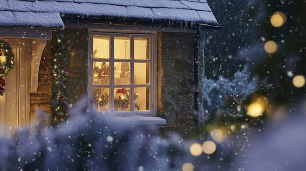 Christmas in the countryside, cottage decorated for holidays on a snowy winter evening with snow and holiday lights, English country styling inspiration