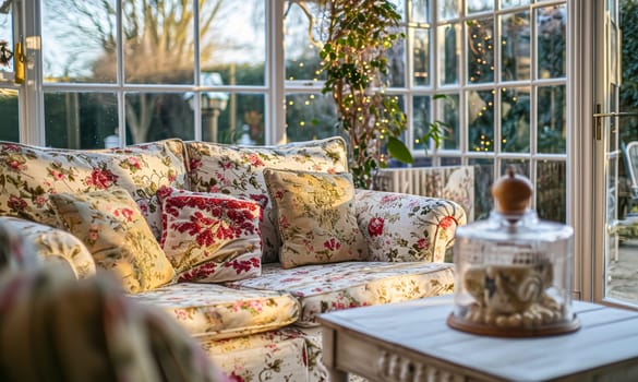 Colorful pillows on sofa against glass wall of window in a winter garden or conservatory. Interior textile concept. High quality photo