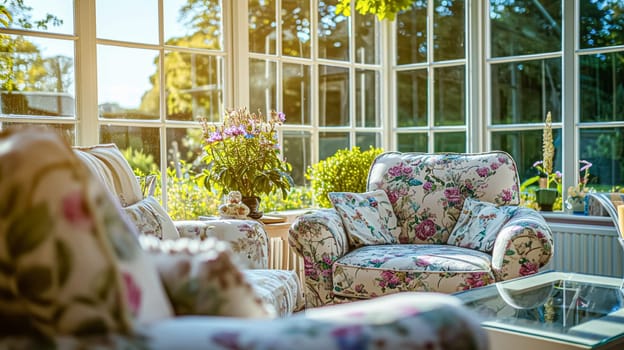 Colorful pillows on sofa against glass wall of window in a winter garden or conservatory. Interior textile concept. High quality photo