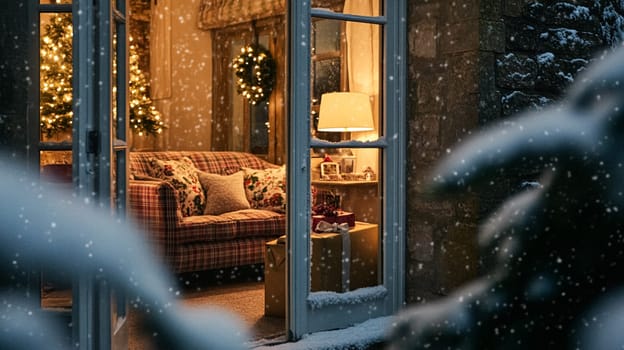 Christmas, holiday decor and country cottage style, cosy atmosphere, decorated Christmas tree in the English countryside house living room with fireplace, interior decoration idea