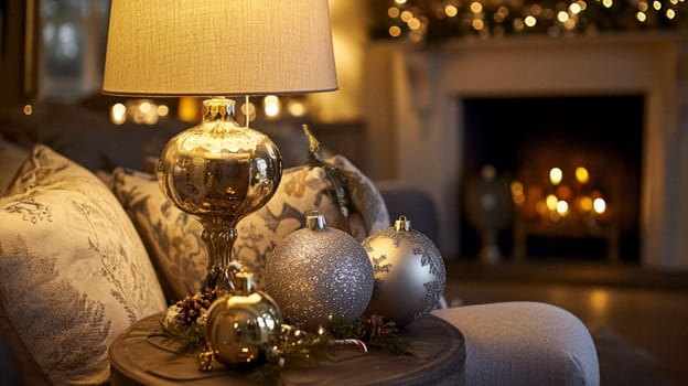 Christmas, holiday decor and country cottage style, cosy atmosphere, decorated Christmas tree in the English countryside house living room with fireplace, interior decoration idea