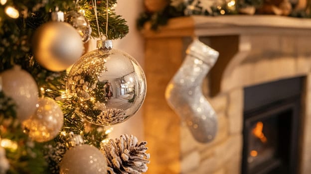 Christmas, holiday decor and country cottage style, cosy atmosphere, decorated Christmas tree in the English countryside house living room with fireplace, interior decoration idea