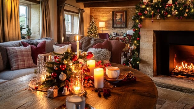 Christmas, holiday decor and country cottage style, cosy atmosphere, decorated Christmas tree in the English countryside house living room with fireplace, interior decoration idea