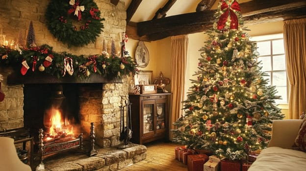 Christmas, holiday decor and country cottage style, cosy atmosphere, decorated Christmas tree in the English countryside house living room with fireplace, interior decoration idea