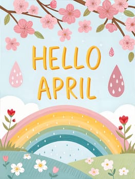 Hello April, welcome April typography. Cozy spring illustration for greetings card, poster, calendar name, or month name. ai generated