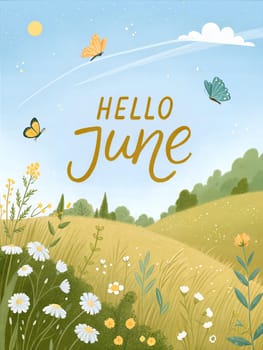 Hello June, welcome June typography. Cozy spring illustration for greetings card, poster, calendar name, or month name. ai generated