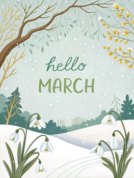 Hello March, welcome March typography. Cozy illustration for greetings card, poster, calendar name, or month name. ai generated