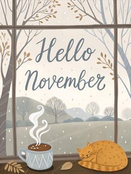 Hello November, welcome November typography. Cozy spring illustration for greetings card, poster, calendar name, or month name. ai generated