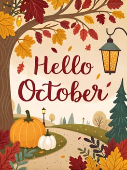 Hello October, welcome October typography. Cozy spring illustration for greetings card, poster, calendar name, or month name. ai generated
