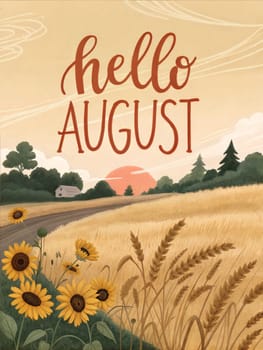 Hello August, welcome August typography. Cozy spring illustration for greetings card, poster, calendar name, or month name. ai generated