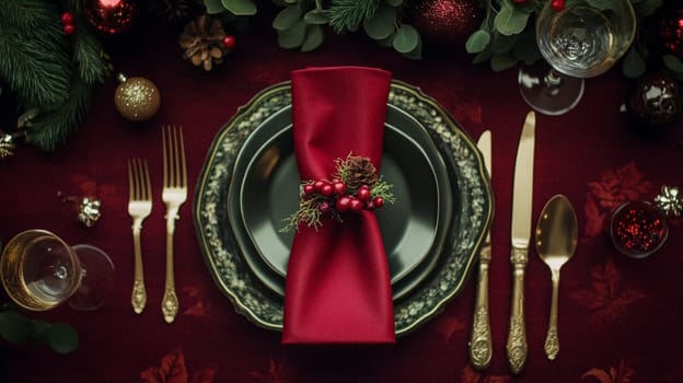 Christmas tablescape decoration, formal family dinner holiday celebration, luxury table setting decor, English country and home style idea