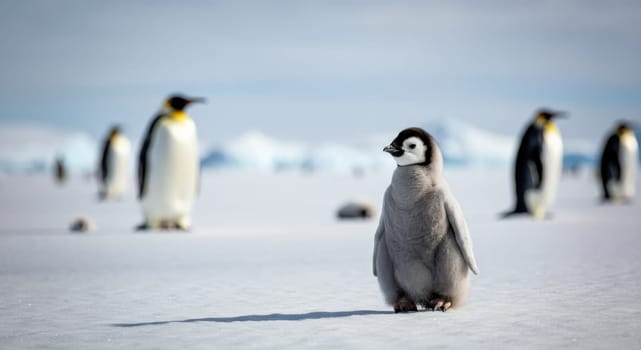 Penguin chick stands on snowy terrain in antarctica, with adult emperor penguins visible at a distance. the serene icy setting reflects a natural habitat with soft focus on majestic birds, capturing wildlife dynamics.