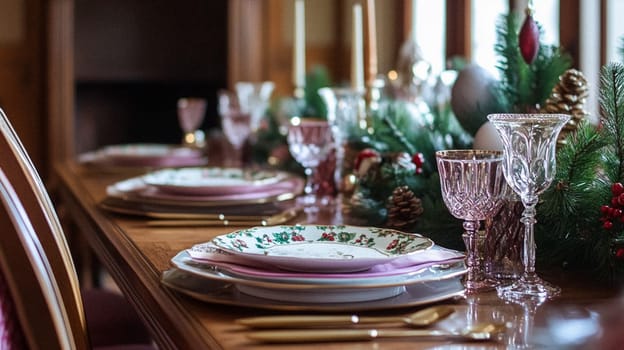 Christmas tablescape decoration, formal family dinner holiday celebration, luxury table setting decor, English country and home style idea