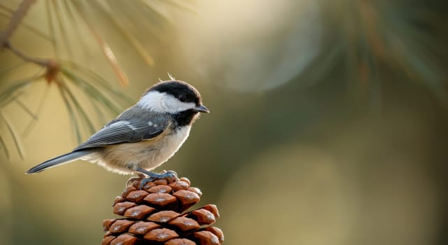 A black capped chickadee is perched gracefully on a pinecone against a blurred forest background. sunlight filters through the trees, the bird's delicate feathers and the pine needles.