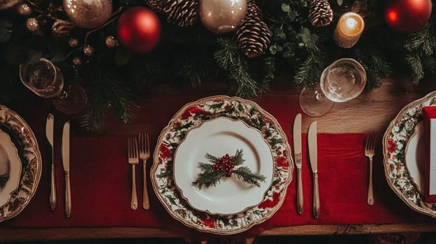 Christmas tablescape decoration, formal family dinner holiday celebration, luxury table setting decor, English country and home style idea