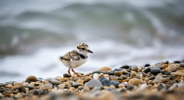 A small, fluffy bird chick stands amidst colorful pebbles on a serene beach, with gentle ocean waves lapping the shore in the background. the scene evokes tranquility and the beauty of nature.