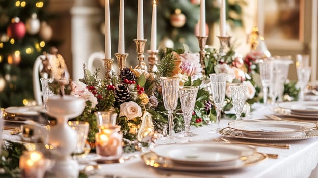 Christmas tablescape decoration, formal family dinner holiday celebration, luxury table setting decor, English country and home style idea