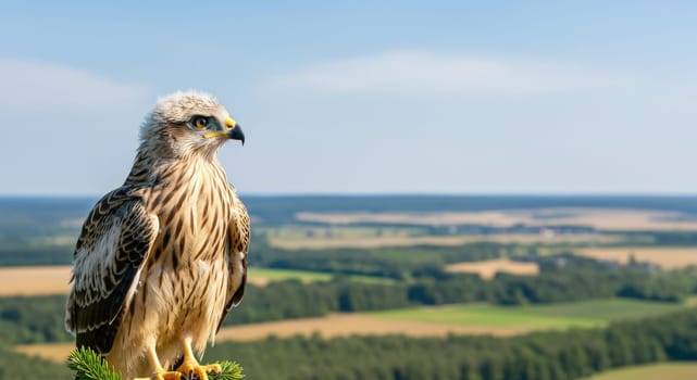 A majestic hawk perches on a branch against a backdrop of a sprawling green landscape under a clear blue sky. the vivid foliage and open fields convey a sense of freedom and natural beauty.