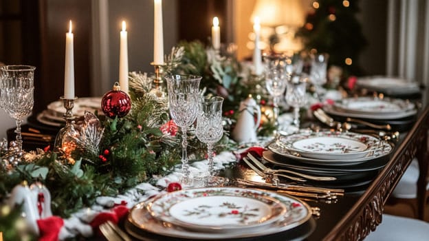 Christmas tablescape decoration, formal family dinner holiday celebration, luxury table setting decor, English country and home style idea