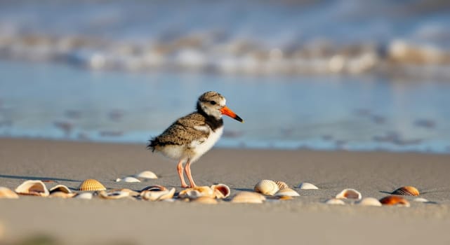 A young oystercatcher walks along a sandy beach surrounded by seashells during sunset. the soft light highlights the bird's distinct orange beak and black-and-white plumage against the blurred ocean backdrop.