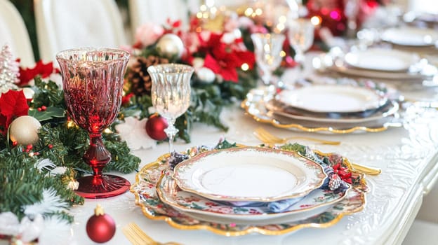 Christmas tablescape decoration, formal family dinner holiday celebration, luxury table setting decor, English country and home style idea