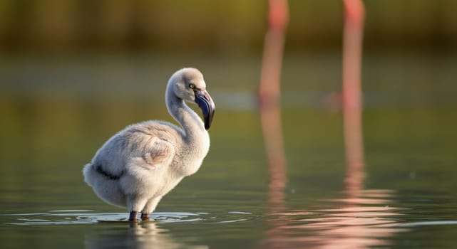 A juvenile flamingo stands gracefully in shallow water, bathed in the warm light of sunrise. the blurred background features tall flamingo legs, the young bird's vibrant environment and natural habitat.