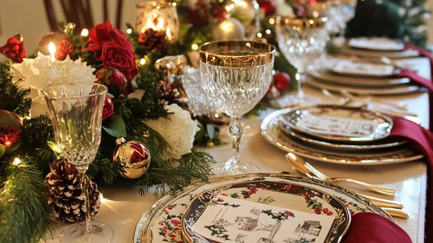 Christmas tablescape decoration, formal family dinner holiday celebration, luxury table setting decor, English country and home style idea