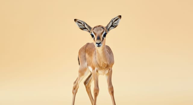 An adorable young impala calf stands gracefully in a serene pastel backdrop. its alert eyes and slender limbs highlight the delicate essence of wildlife, evoking themes of nature conservation and innocence.