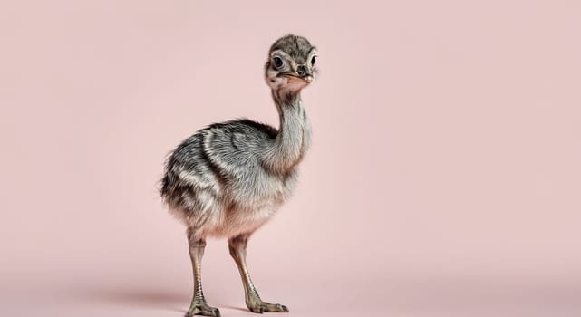 Curious young ostrich chick with fluffy, downy feathers stands against a soft pink background. the bird’s expressive eyes and delicate features make it a charming subject for wildlife and nature enthusiasts.