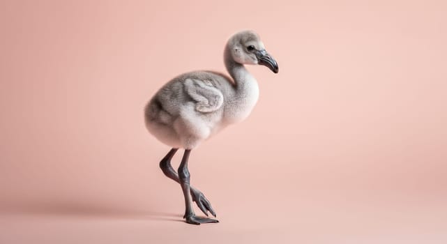 A fluffy baby flamingo chick stands gracefully on a soft pastel background, its delicate features and vibrant personality. ideal for animal design and nature-themed projects.