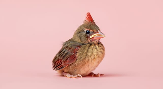 Northern cardinal perched against a pastel pink backdrop, showcasing its vivid red plumage and distinctive crest. the bird's attentive gaze adds life to nature, wildlife, and birdwatching concepts.