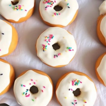 round donuts with colorful glaze, sweets dessert, holiday Hanukkah traditions cooking food white background. High quality photo