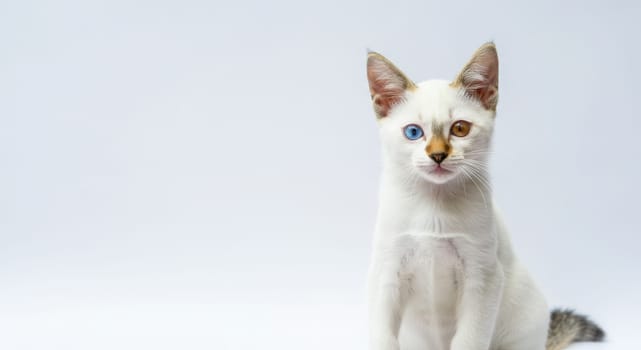 A white kitten with captivating heterochromia, featuring one blue eye and one brown eye, sits poised against a clean white background. the soft lighting highlights its unique facial markings and smooth fur, creating a serene and elegant composition.