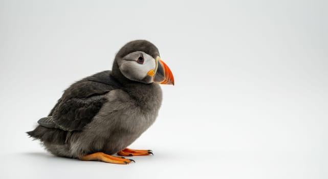 Young atlantic puffin chick stands against a minimalist white background, showcasing its distinctive orange beak and soft grey feathers. the scene highlights the bird's unique features and natural beauty.