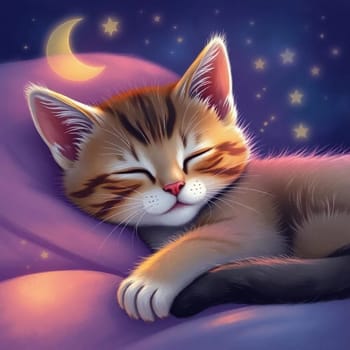 Sleeping cute kitten night dreaming cute pet animal fantasy world . High quality illustration