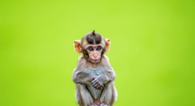 A cute baby monkey sits with expressive eyes and crossed arms against a bright green backdrop. the image highlights the innocence and curiosity of wildlife, focusing on natural beauty and playful charm.