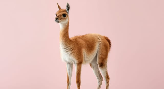 Vicuña stands gracefully against a soft pastel pink background, its delicate features and warm brown fur. this serene setting emphasizes the animal's elegance and gentle demeanor, ideal for nature themes.
