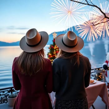 Fireworks lake two girls in hats standing back Christmas holiday tree travel people frand . High quality photo