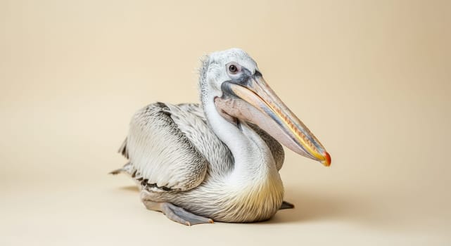 A detailed portrait of a pelican with its distinctive long beak and fluffy feathers, set against a soft, neutral background. the composition highlights the bird's unique features, offering a serene and engaging view of wildlife beauty.