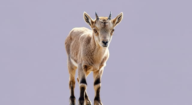 A young mountain goat stands confidently with its small horns prominently displayed. the serene background highlights the goat's natural grace and serene presence, capturing a moment of wilderness beauty and curiosity.