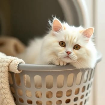 Fluffy cat basket, white cute pet animal home. High quality photo