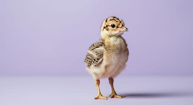 A captivating portrait of a young bird standing confidently against a soft lavender backdrop. the bird's fluffy feathers and curious expression create a charming and delightful atmosphere, the innocence and beauty of nature.