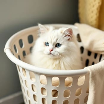 Fluffy cat basket, white cute pet animal home. High quality photo