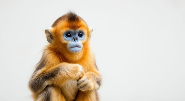 A young, vibrant golden snub-nosed monkey is showcased with its striking orange fur and expressive blue face. its curious gaze and distinct facial features are set against a plain, light backdrop.